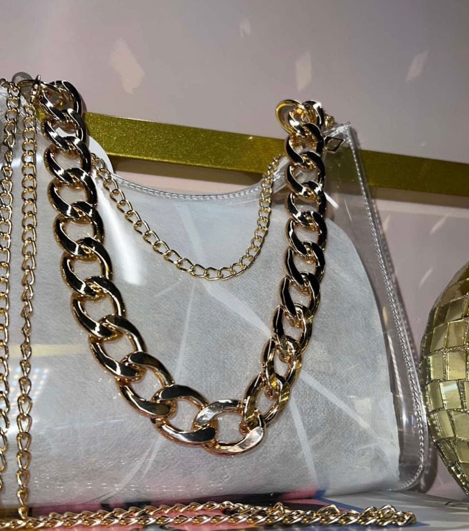 Clear Stadium/Concert Bag W/Gold Chain Strap
