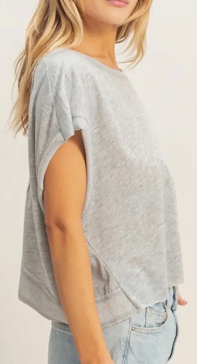 Open Back Boxy Crew Neck Top-Gray