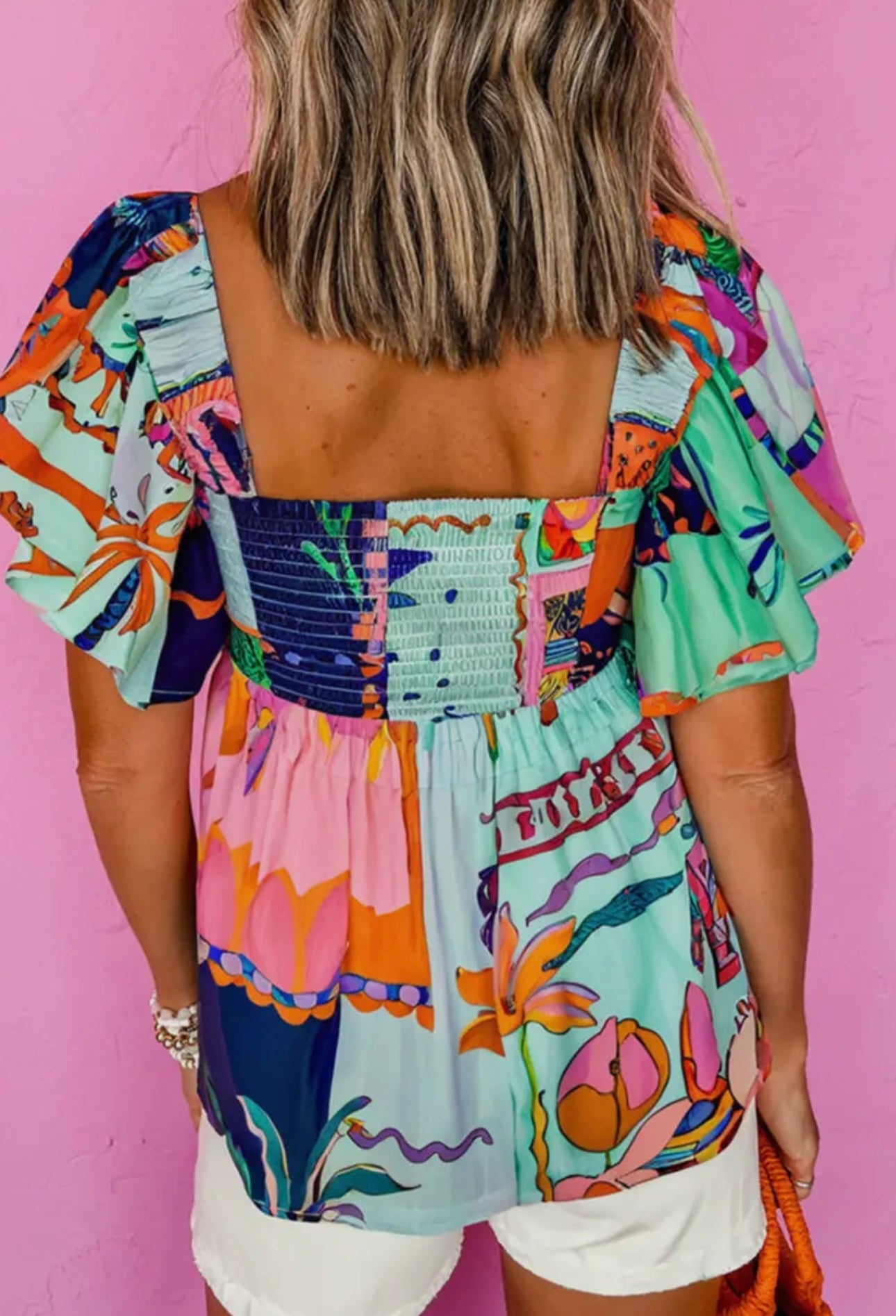 Tropical Baby Doll Top With Flutter Sleeves