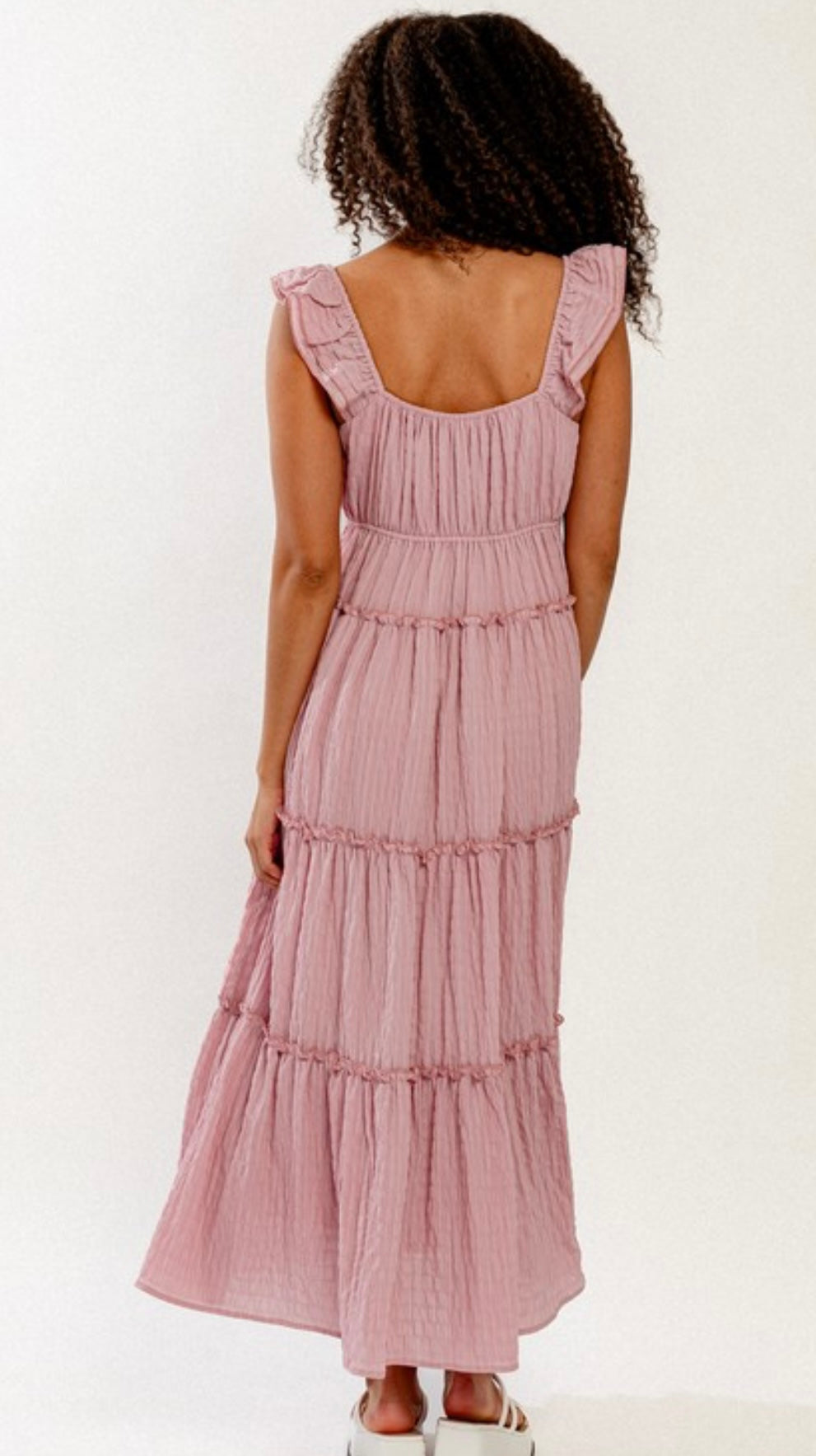 Blush Ruffle Shoulder Sweetheart Neckline Maxi Dress