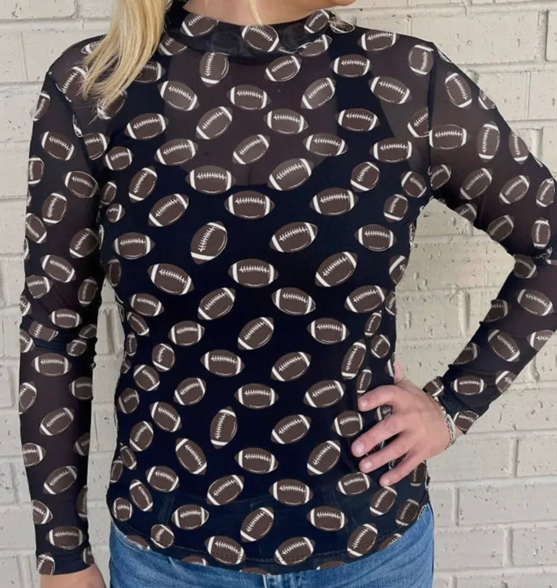 Black Game Day Mesh/Sheer Long Sleeve Top