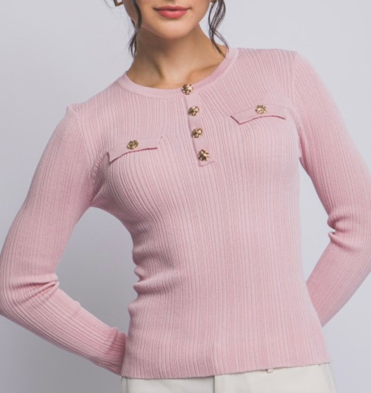 Pink Ribbed Knit Top W/Gold Buttons