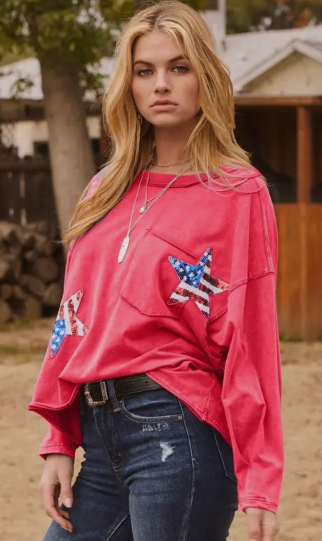 Washed Red Sequin Star Patch Top