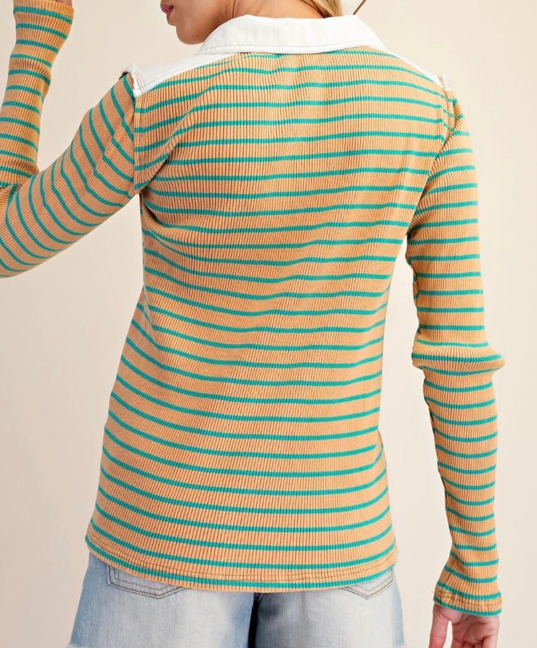 Washed Stripe Henley-Camel