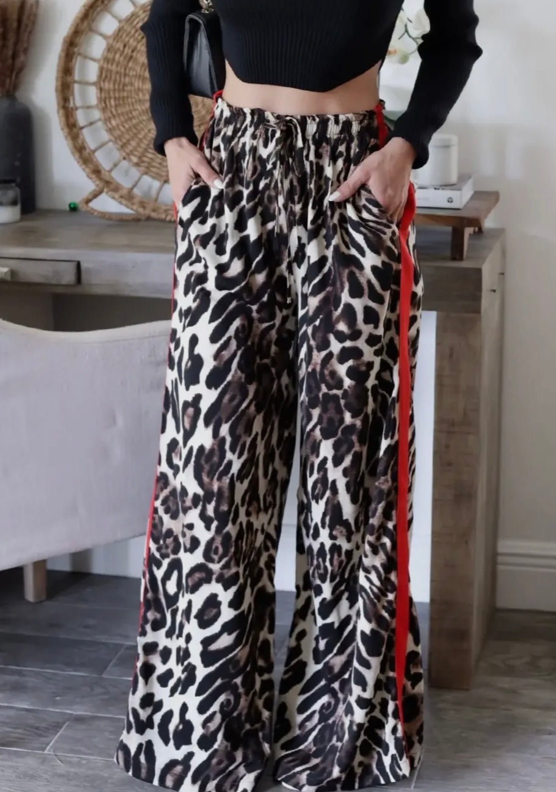 Leopard Print/Red Stripe Wide Leg Trousers