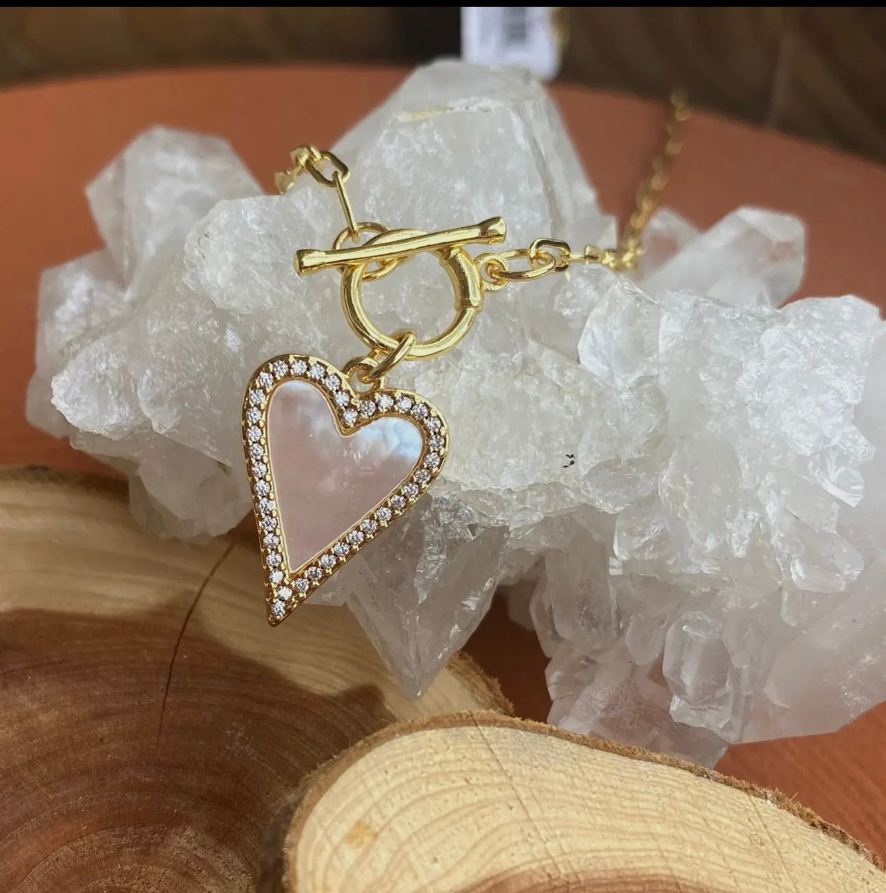 Mother Of Pearl Pave Heart Toggle Necklace