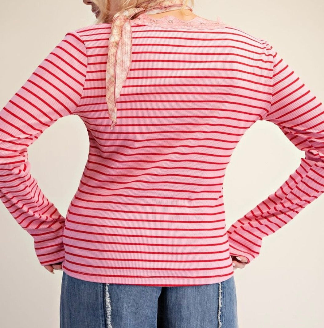 Pink/Red Stripe W/Lace V-Neck Detail Top