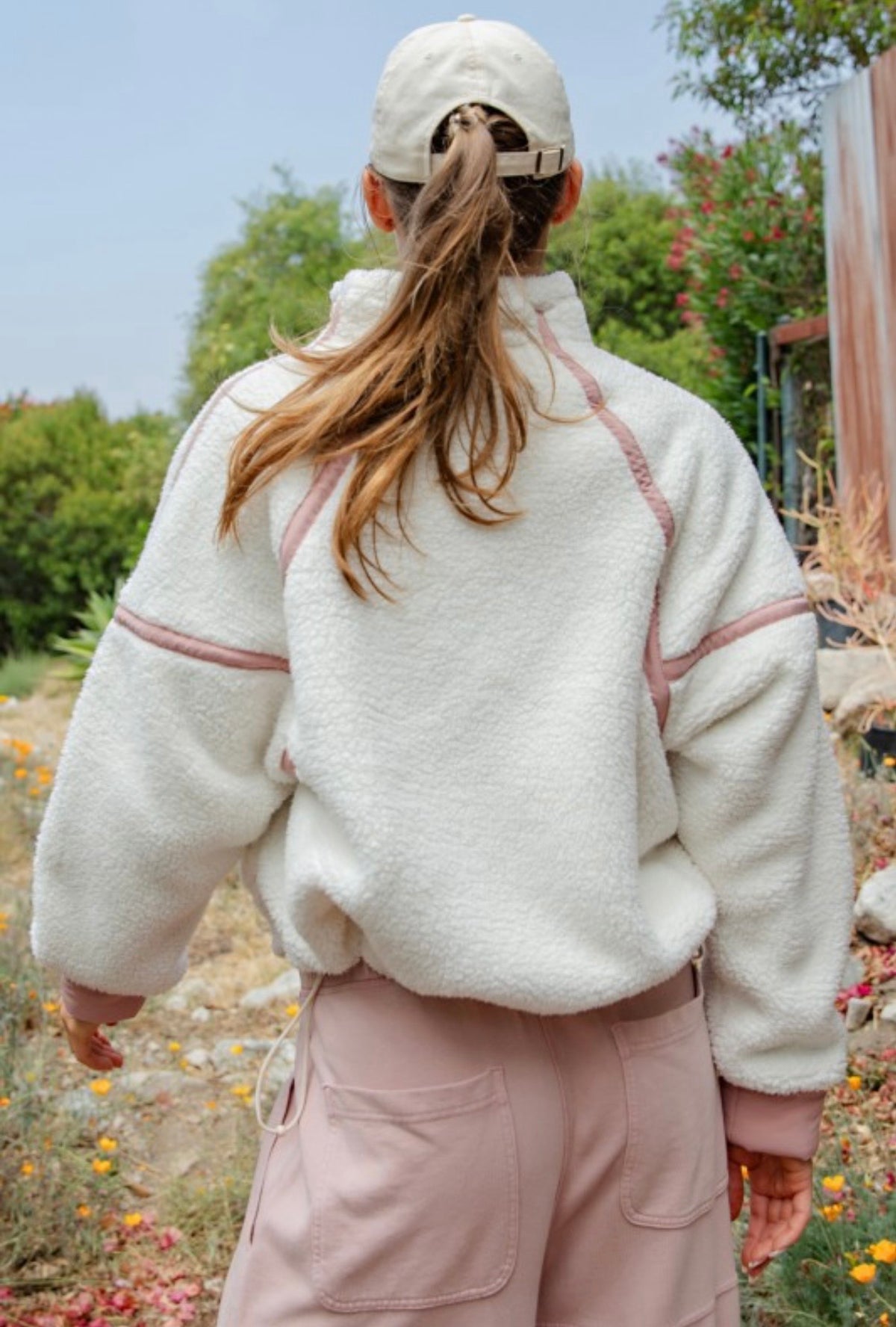 Sherpa Mock Neck Quarter Zip Jacket-Ivory/Dusty Pink