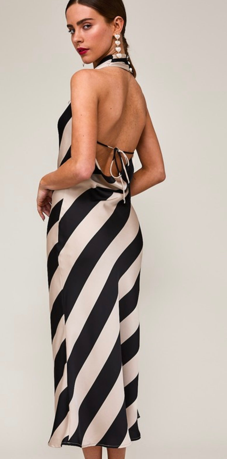 Taupe/Black Stripe Halter Cowl Neck Dress