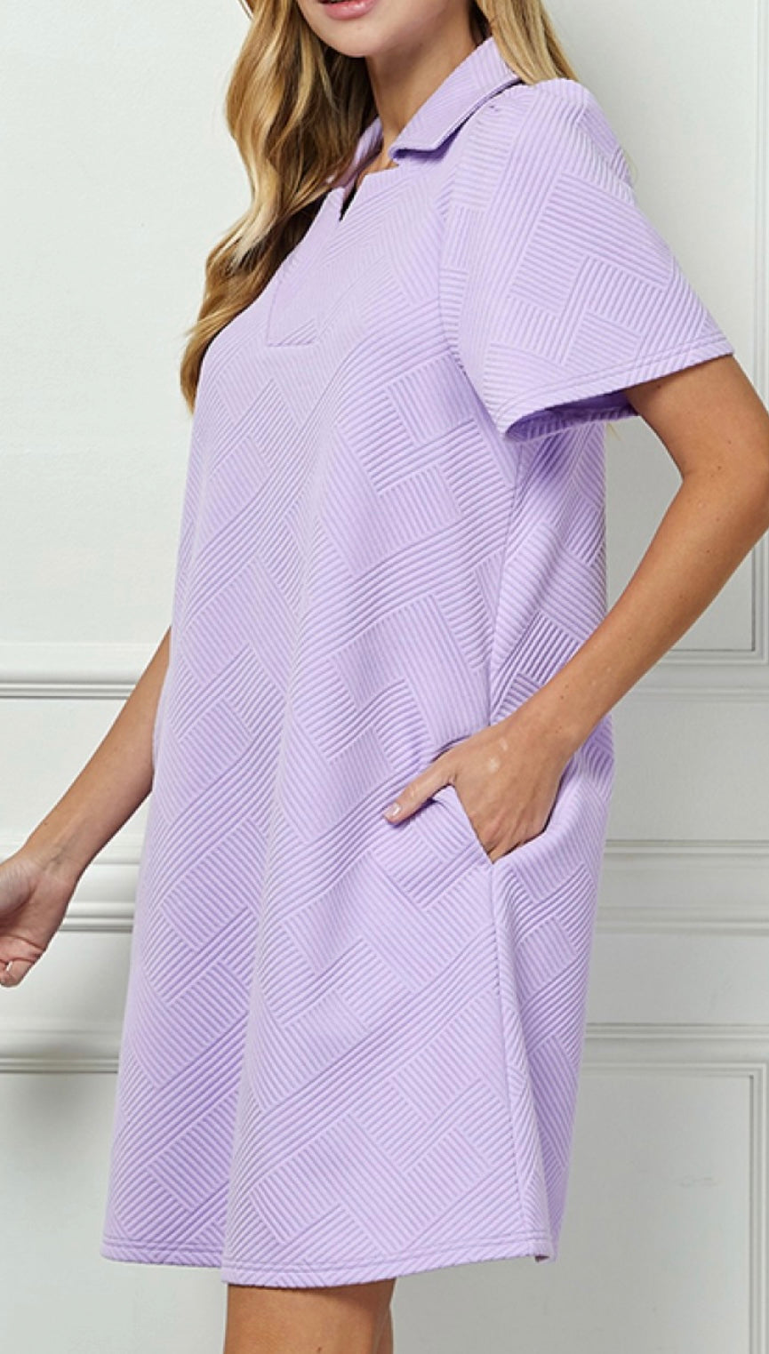 Lavender Textured V Neck Dress