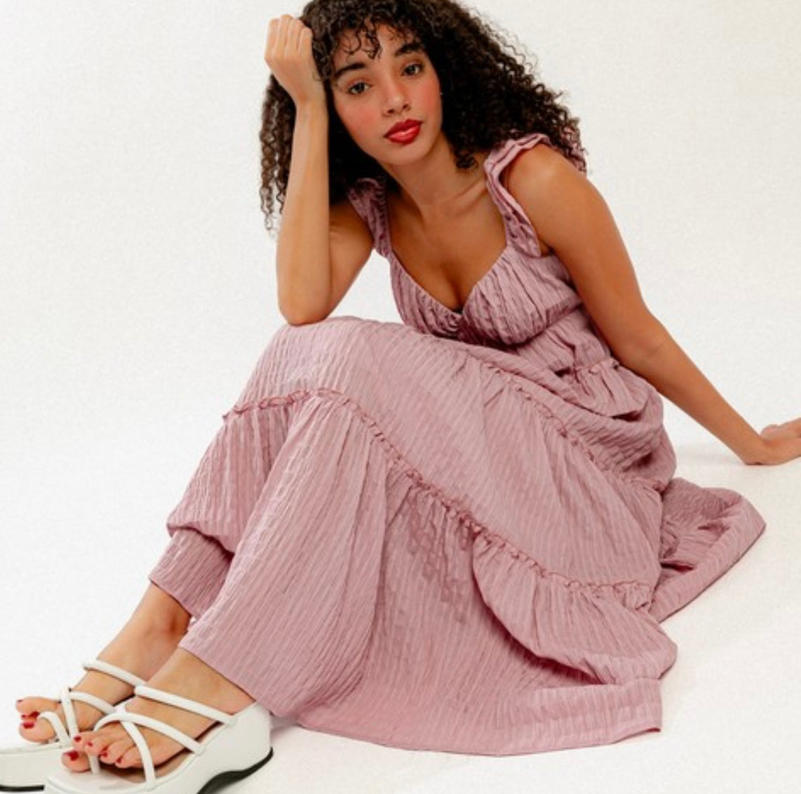 Blush Ruffle Shoulder Sweetheart Neckline Maxi Dress