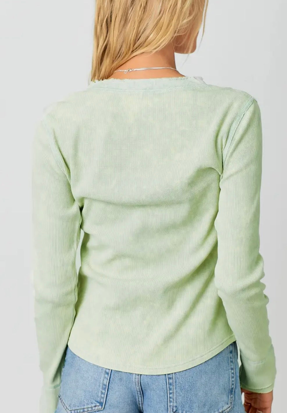 Pistachio Washed Thermal Raw Edge Henley Top