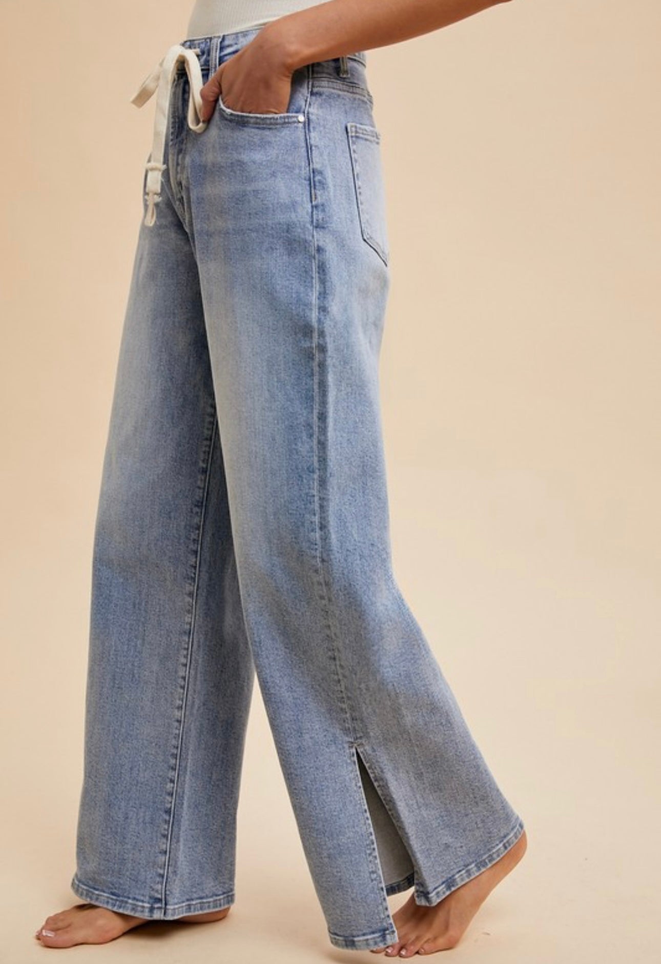 Tie Waist/Split Hem Wide Leg Jeans