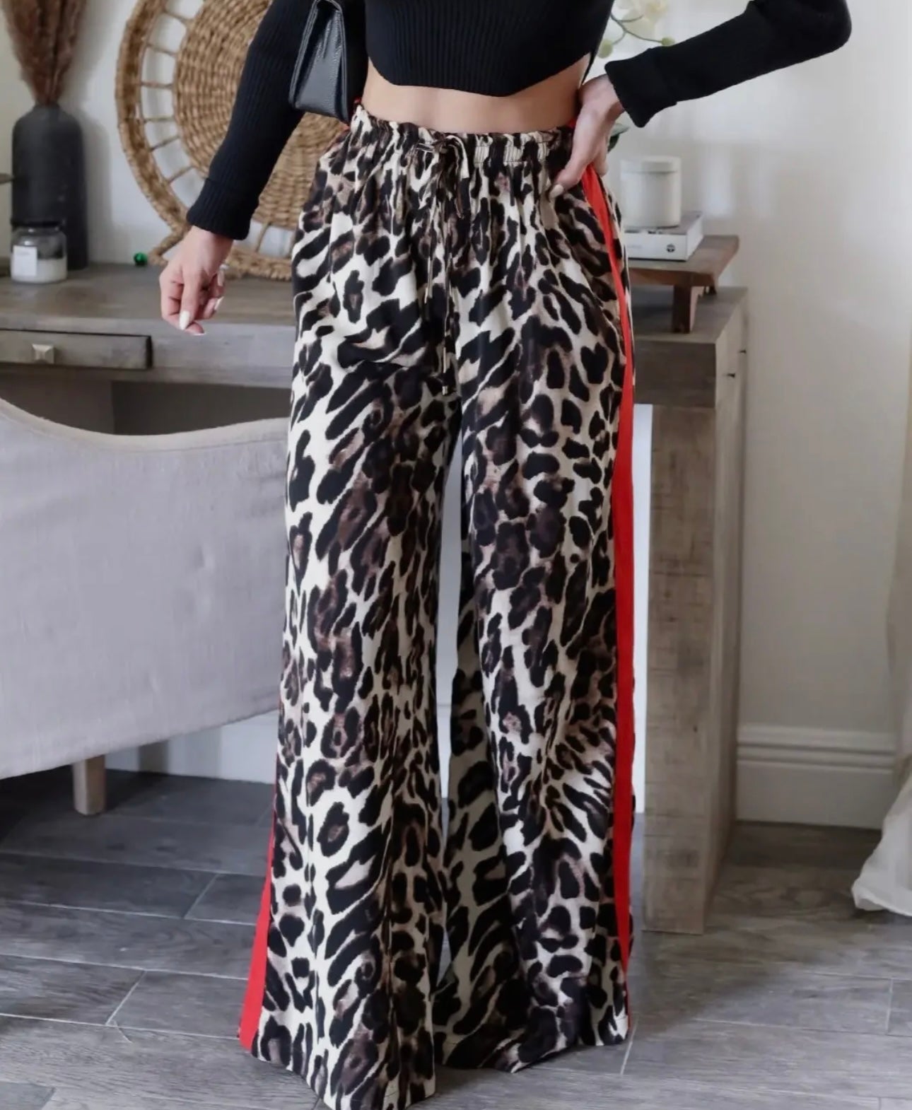 Leopard Print/Red Stripe Wide Leg Trousers