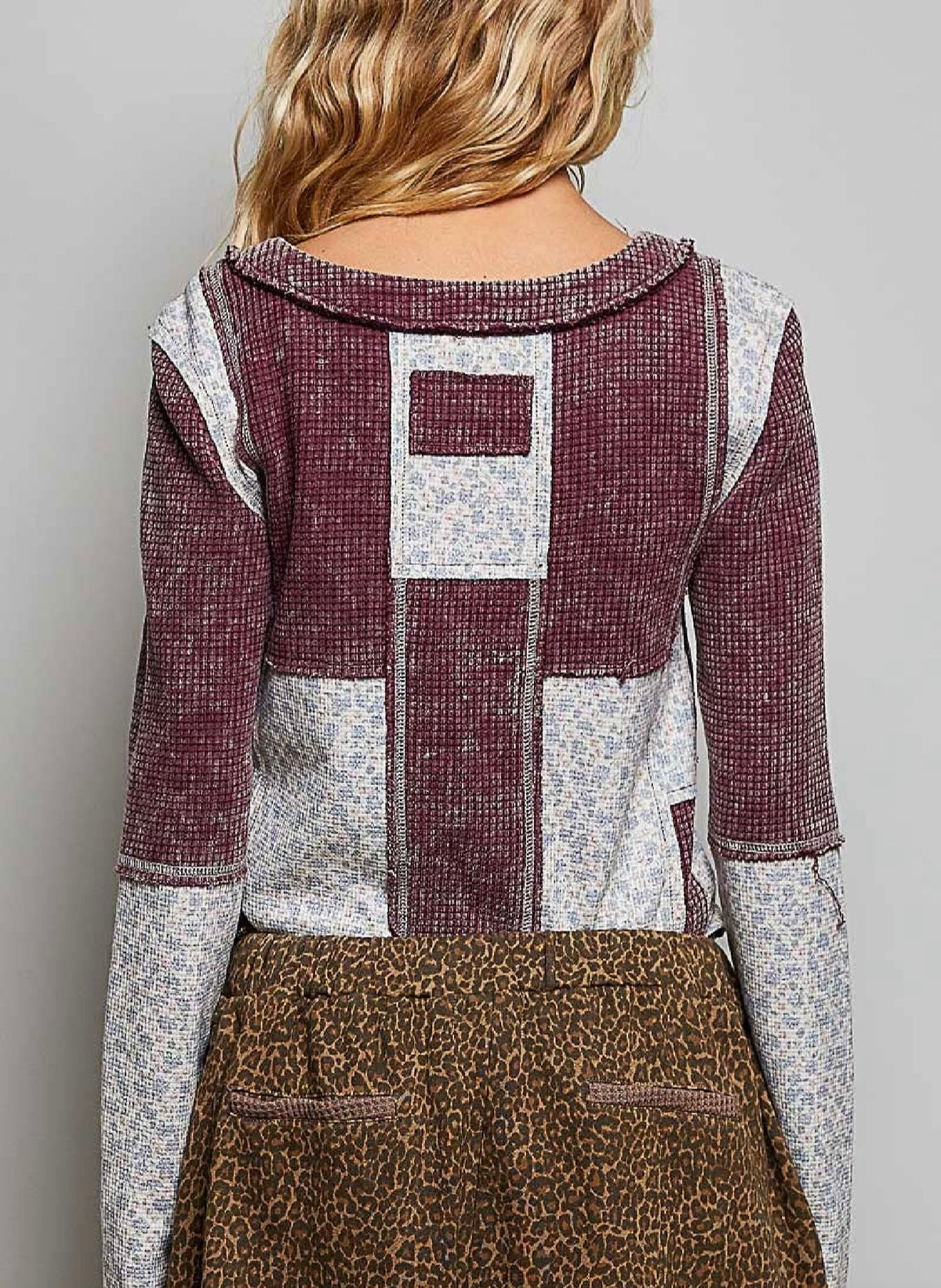 Waffle Knit Contrast Patchwork Top