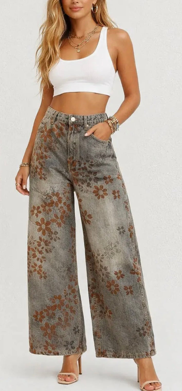 Floral Print Wide Leg Denim Pants