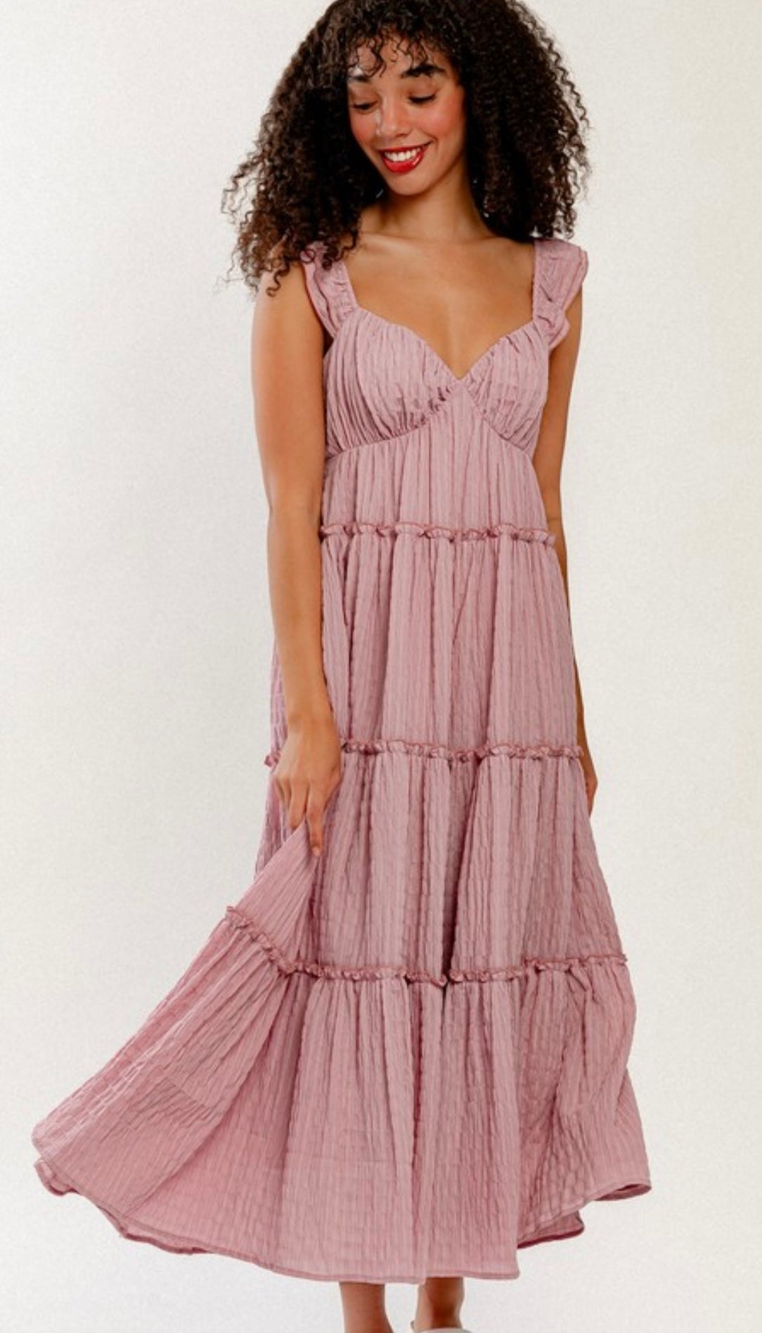 Blush Ruffle Shoulder Sweetheart Neckline Maxi Dress