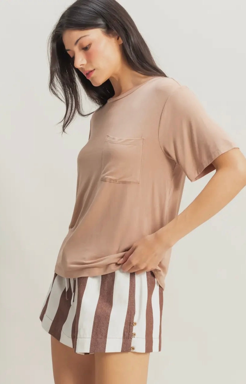 Basic Oversized Pocket Tee-Dark Taupe