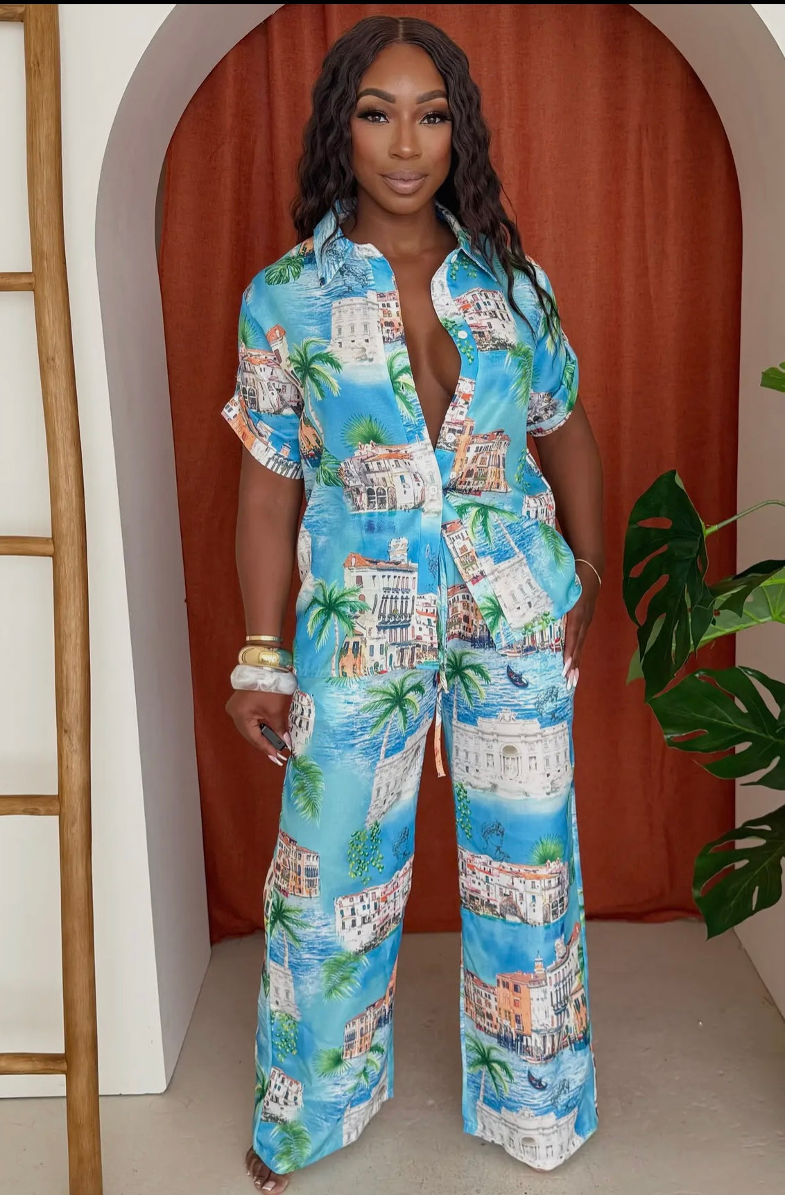 Tropical Print Wide Leg Pants
