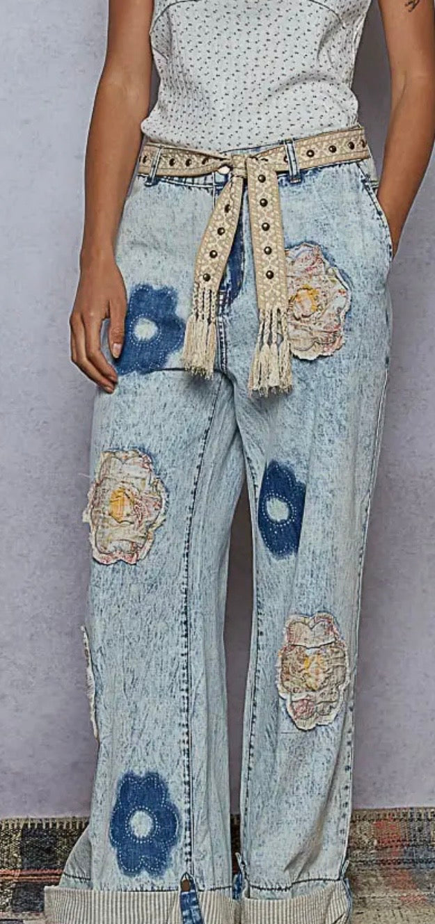 Floral Patchwork Rolled Up Denim Straight Pants