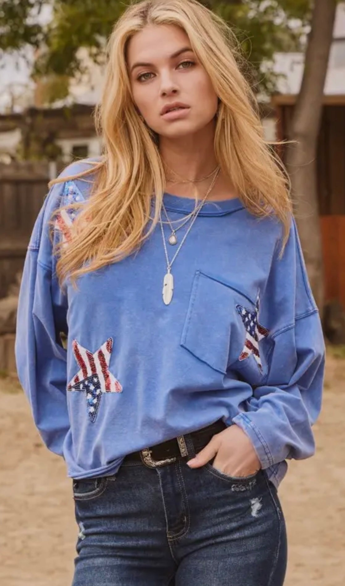 Washed Blue Sequin Star Patch Top