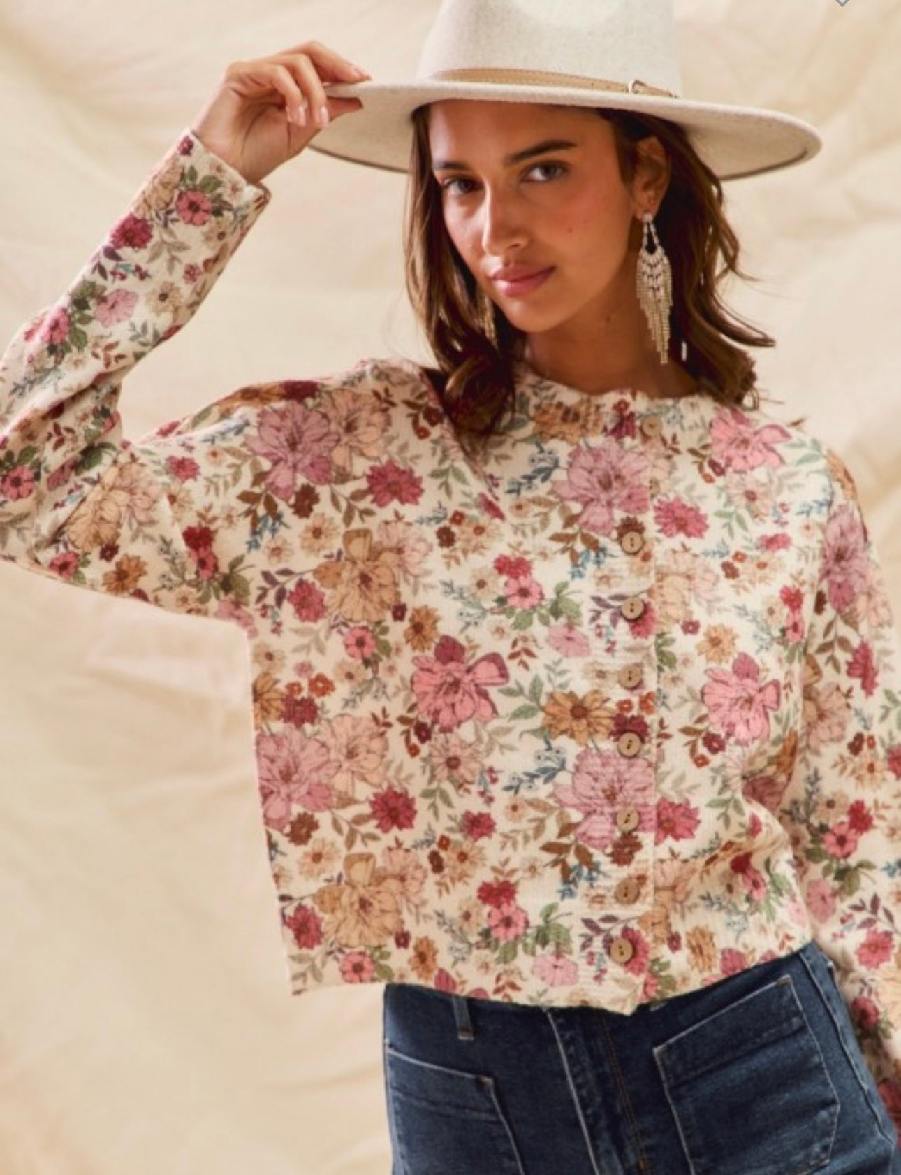 Floral Print Button Front Sweater