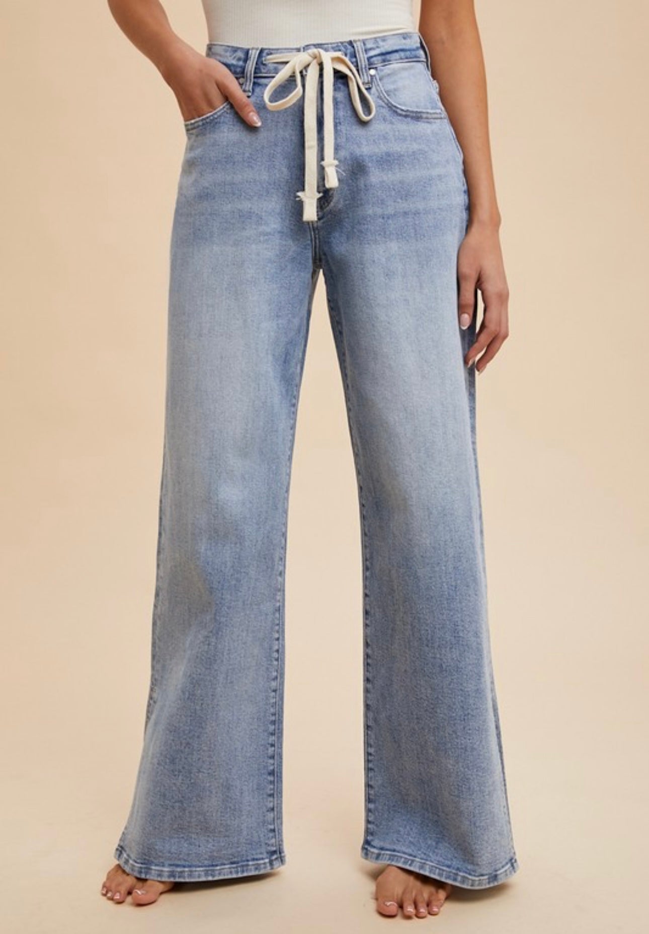 Tie Waist/Split Hem Wide Leg Jeans