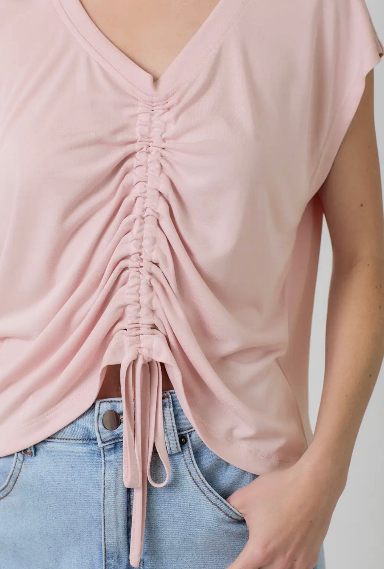 Front Ruche Drawstring Modal Top-Rose