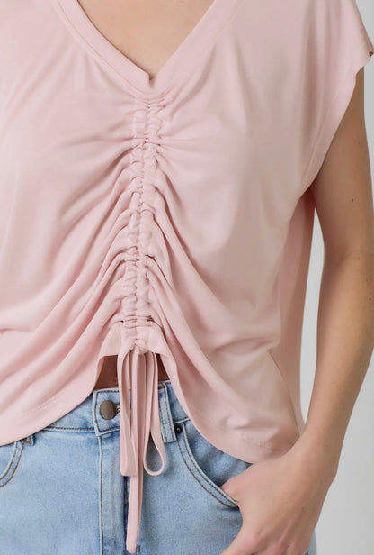 Front Ruche Drawstring Modal Top-Rose