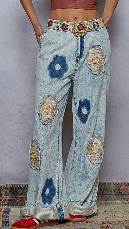 Floral Patchwork Rolled Up Denim Straight Pants