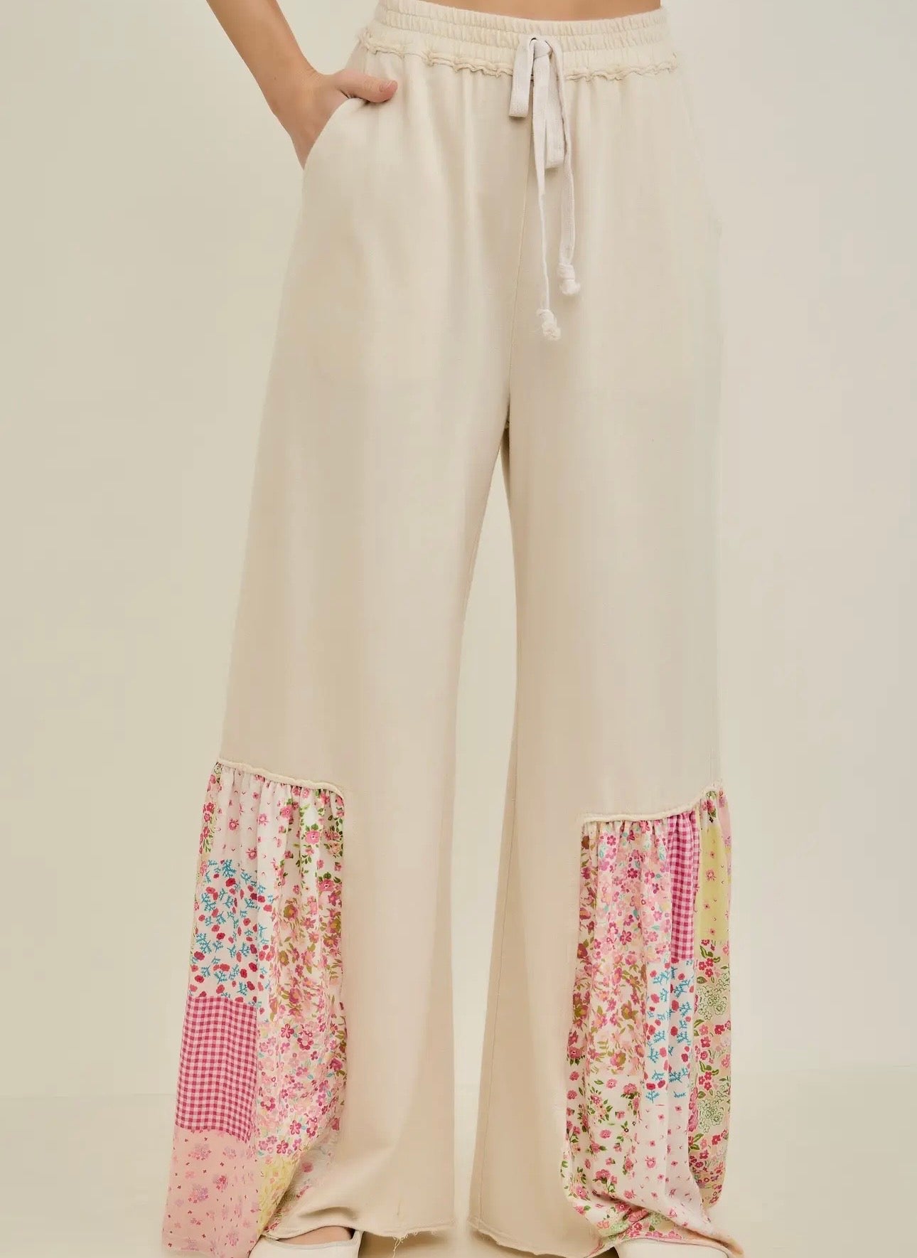 Mineral Washed “Spring Picnic” Print Ruffle Boho Style Pants