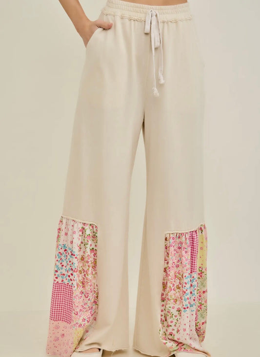 Mineral Washed “Spring Picnic” Print Ruffle Boho Style Pants