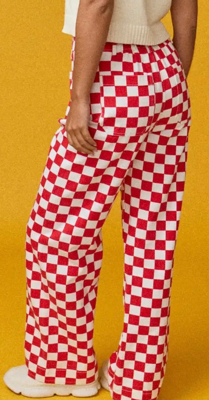 Checkerboard Wide  Leg Denim-Red