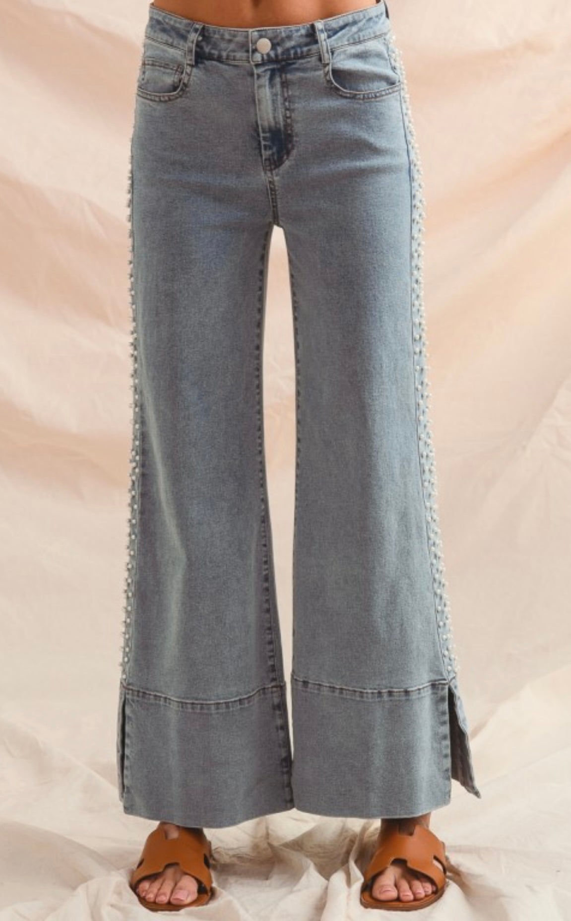 Mid Rise Pearl Embellished Slit Hem Jeans