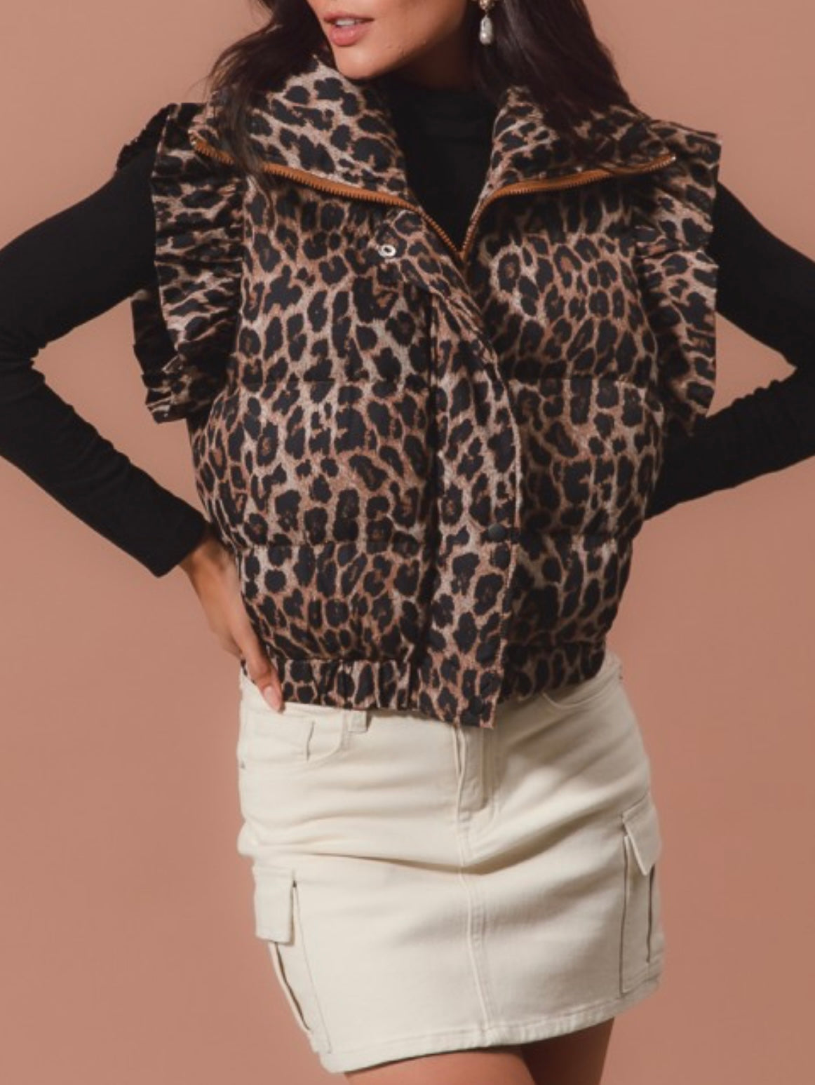 Leopard Print Puffer Vest/Ruffle Sleeves