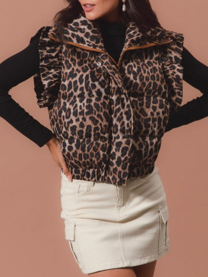 Leopard Print Puffer Vest/Ruffle Sleeves