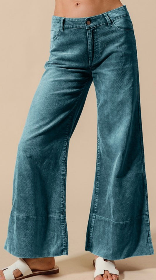 Vintage Teal Wide Leg Washed Cord Pants