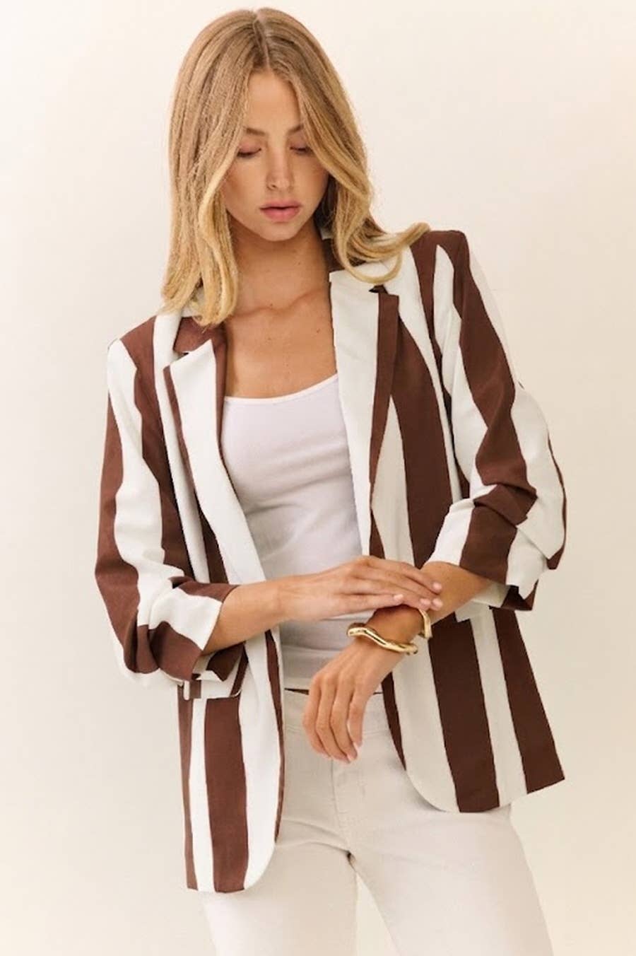 Vertical Stripe Relaxed Blazer: TOMATO WHITE / L