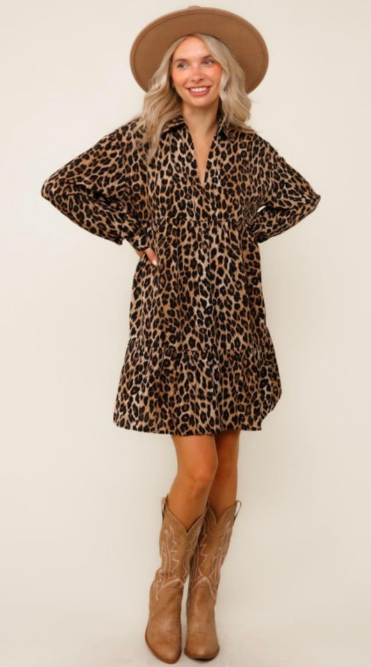 Baby Doll Leopard Print Midi Woven Dress