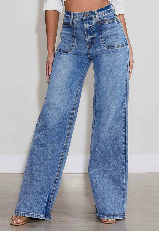 High Rise Square Pocket Wide Leg Jeans