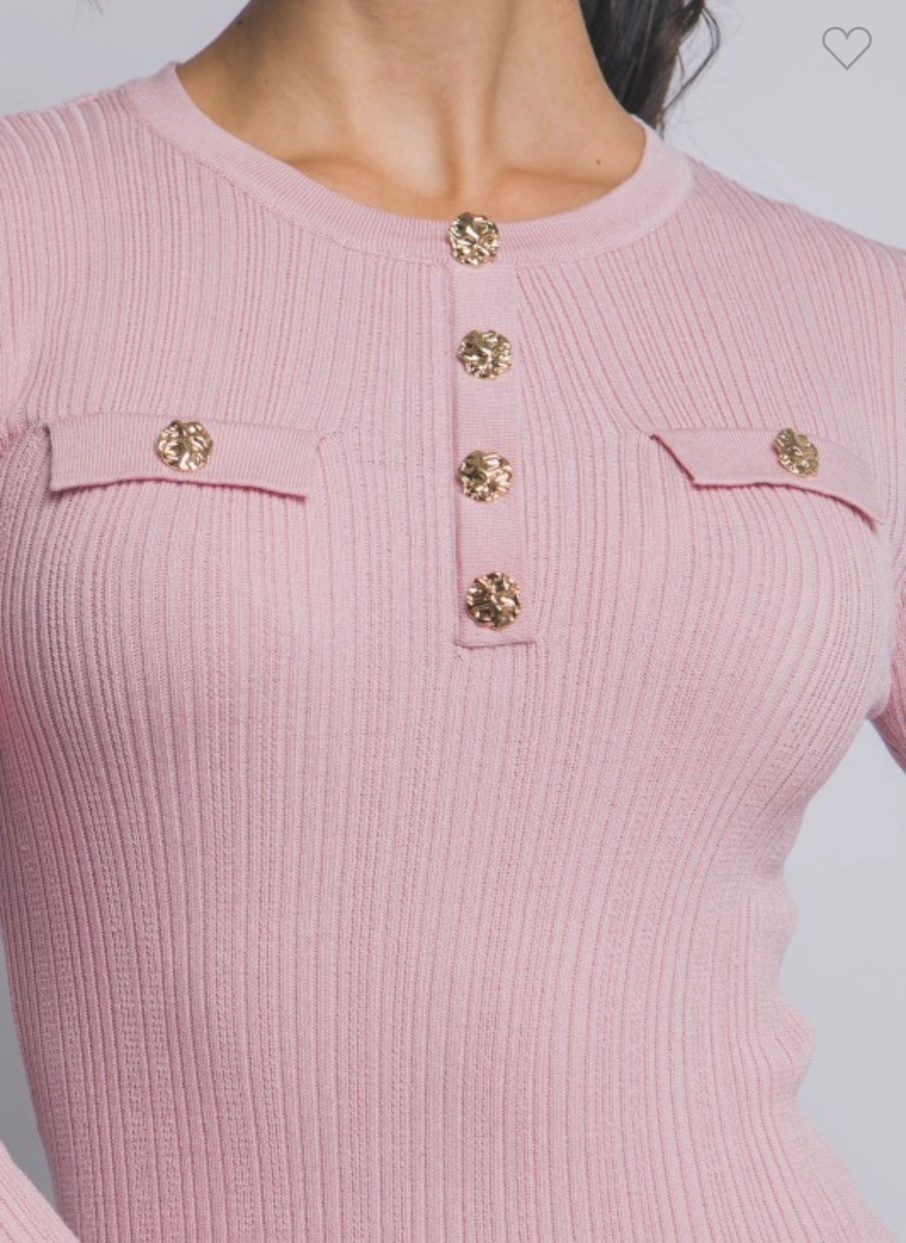 Pink Ribbed Knit Top W/Gold Buttons