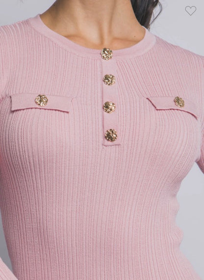Pink Ribbed Knit Top W/Gold Buttons
