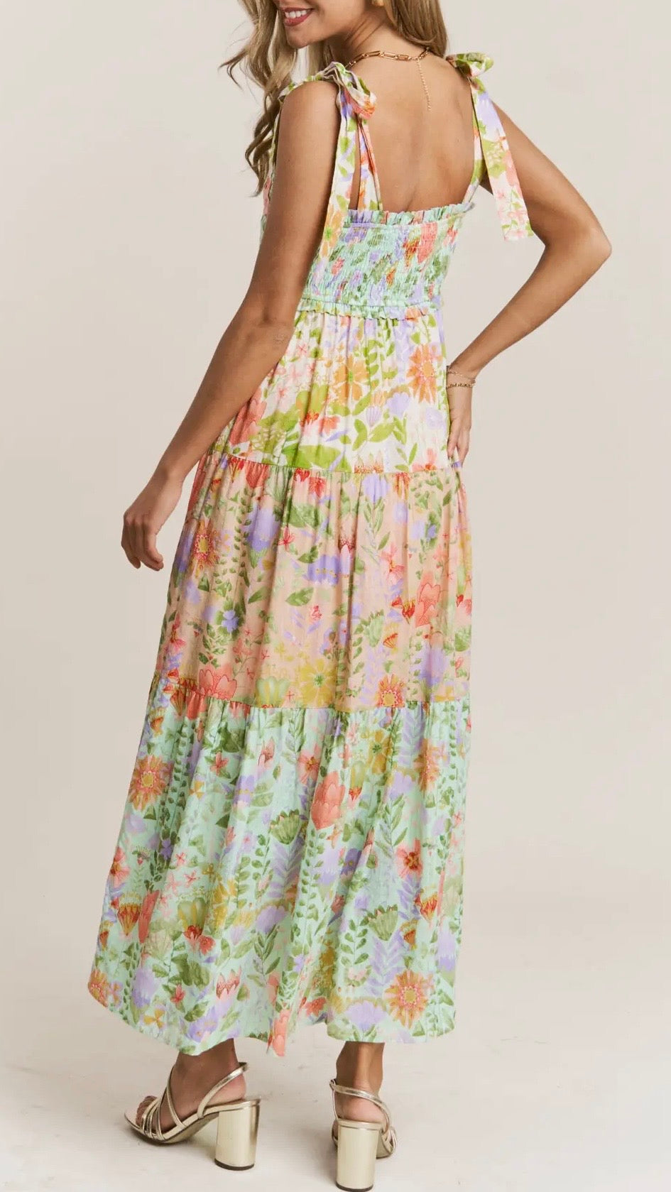 Multi Print Smocked V-Neck Maxi Dress
