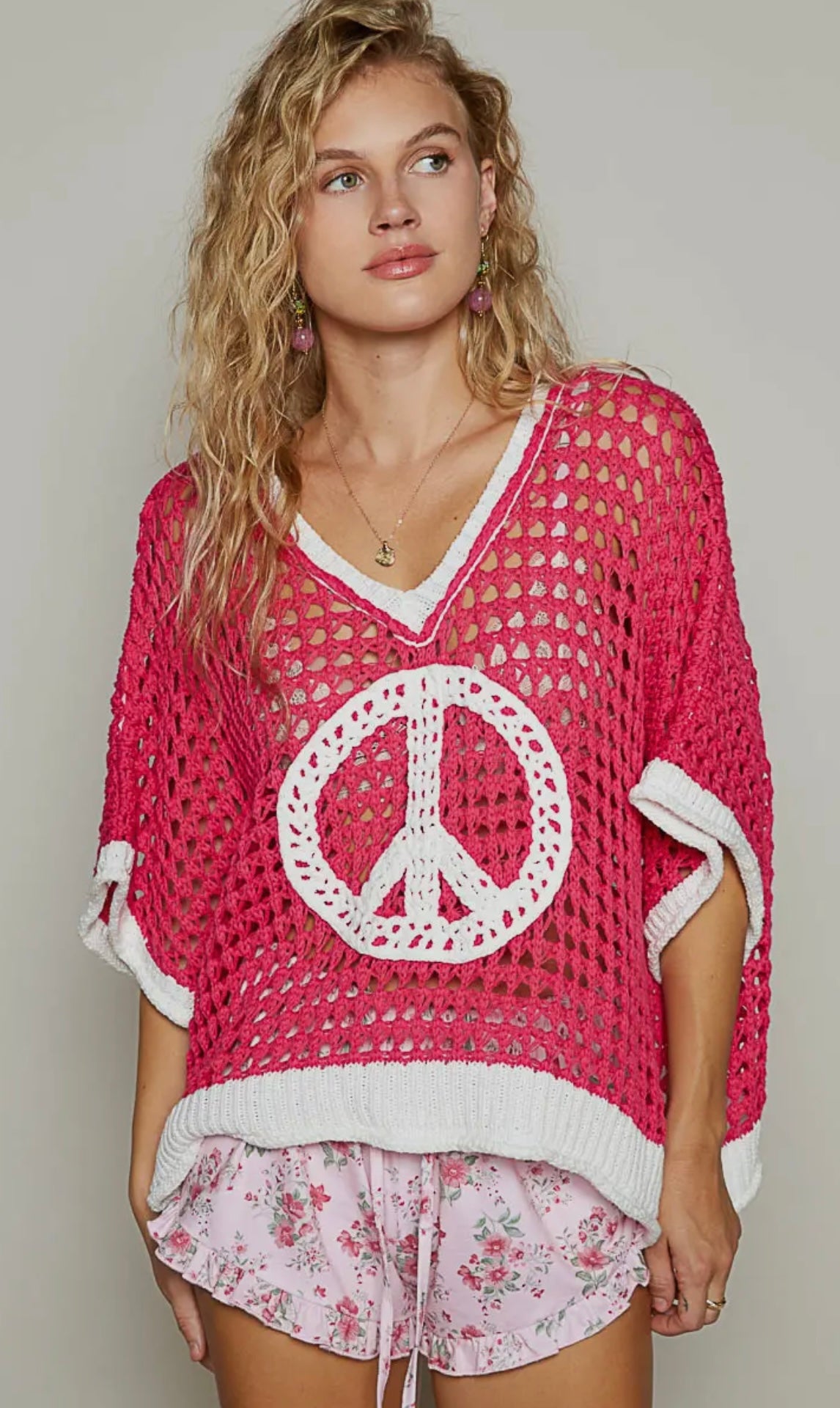 Fuchsia/ Ivory Oversize Peace Sign Sweater