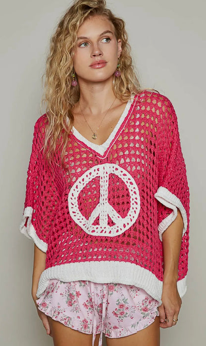 Fuchsia/ Ivory Oversize Peace Sign Sweater