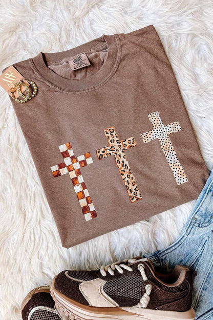 Checkered, Leopard, Dot Crosses Graphic Tee - Espresso: Extra Large