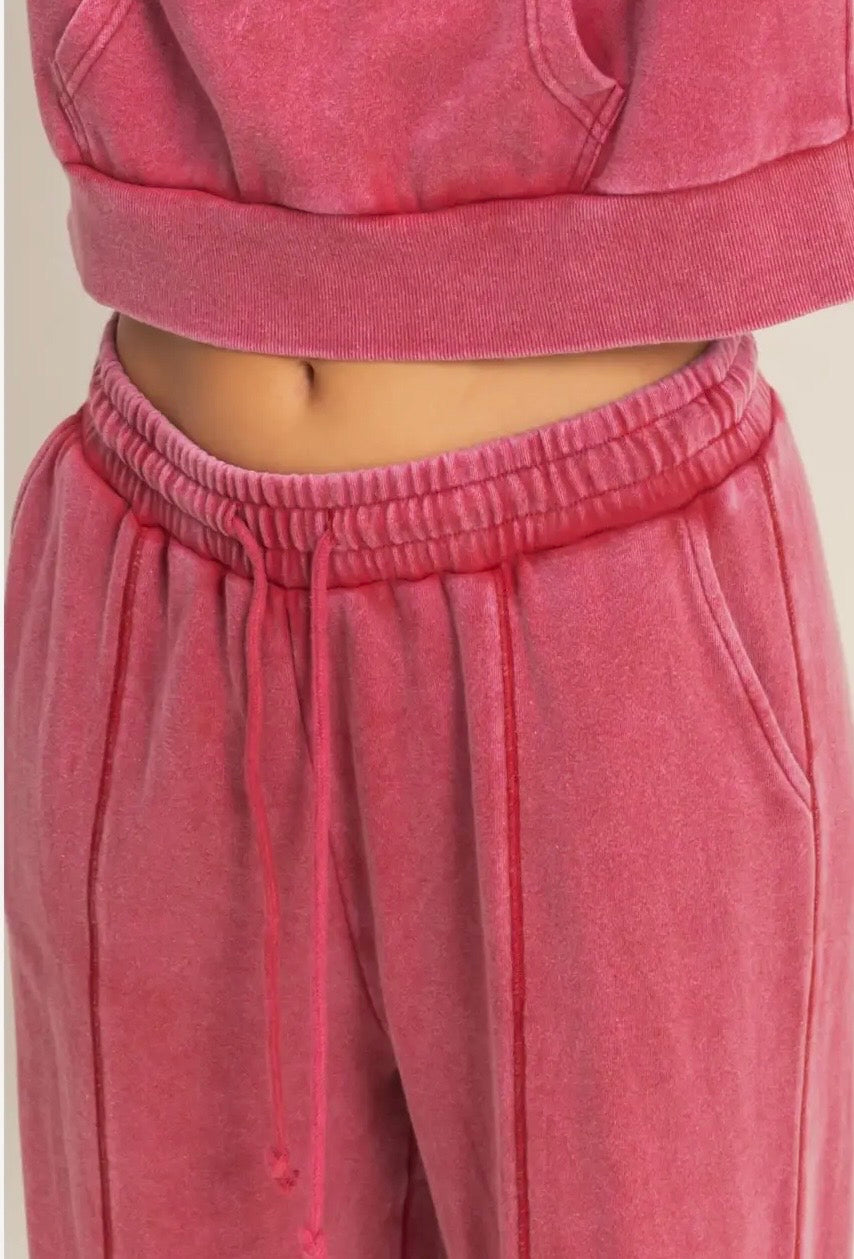Dark Red Acid Wash French Terry Wide Leg Pants