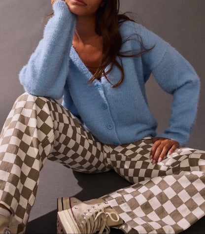 Checkerboard Wide  Leg Denim-Taupe