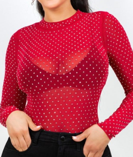 Rhinestone Sheer Mesh Top-Burgundy