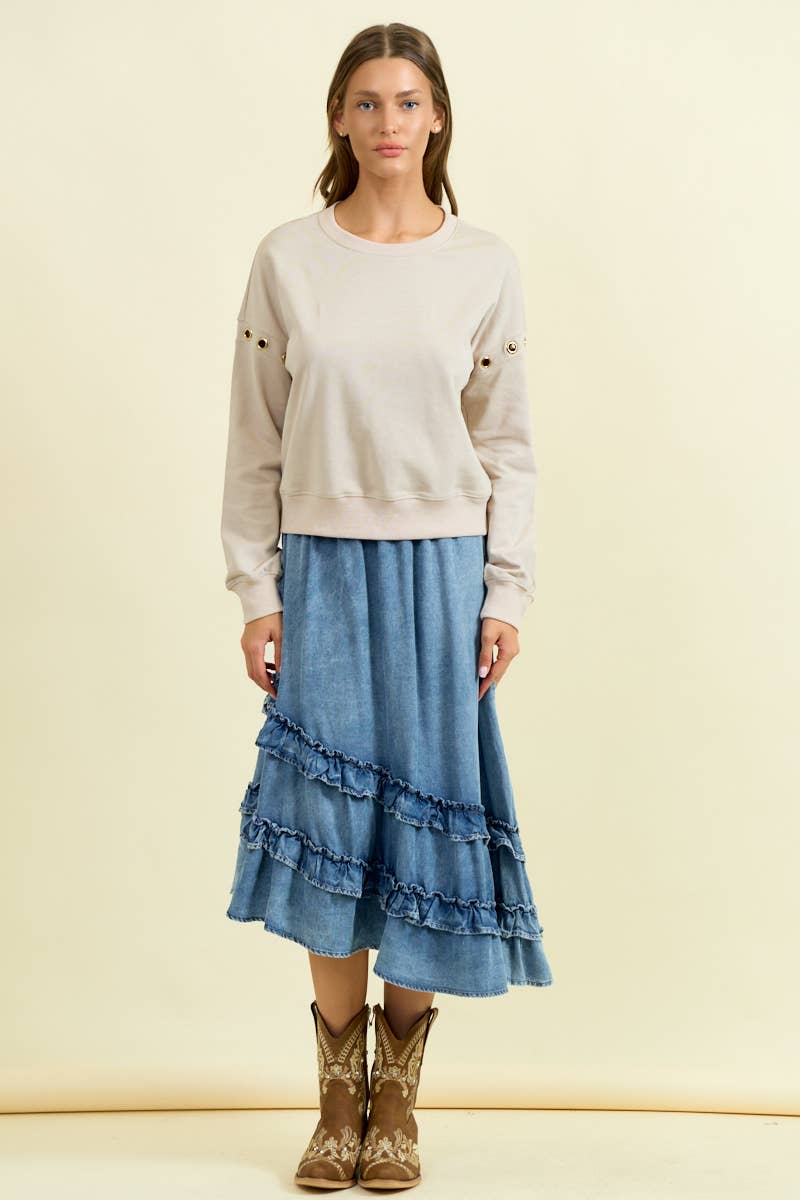 GROMMET DETAIL DROP SHOULDER SWEATSHIRT - 45312T: Black / S